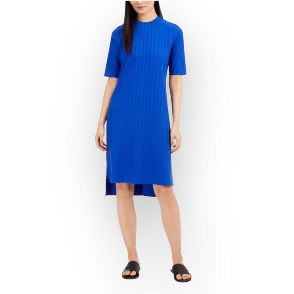 Eileen Fisher High-Low Dress Women's Large Blue Wide Rib Stretch Mock Neck